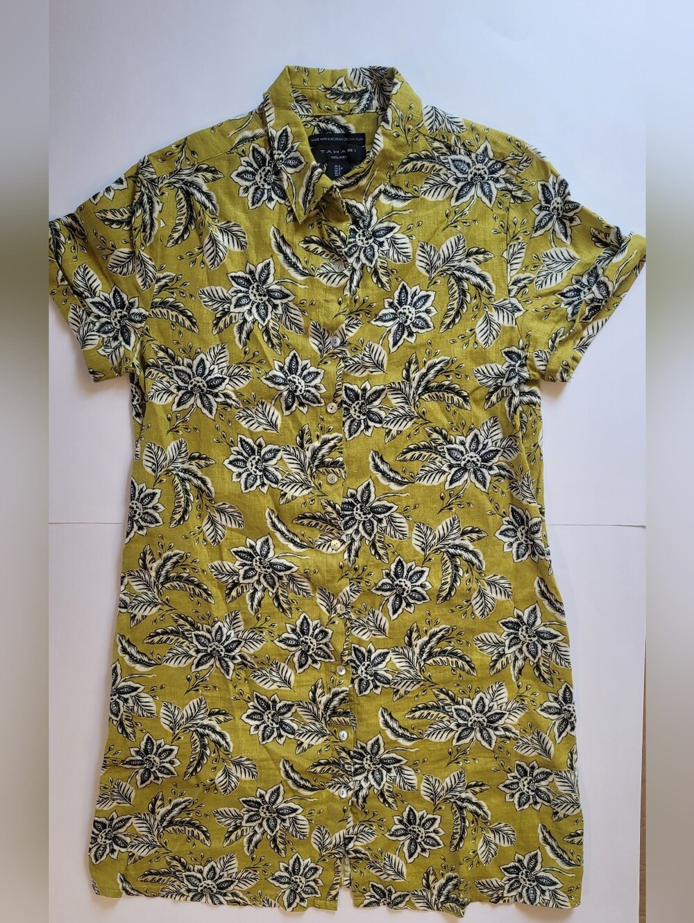 Tahari 100% Linen Short Sleeve Floral Mini Shirt Dress Tunic Yellow Size Small